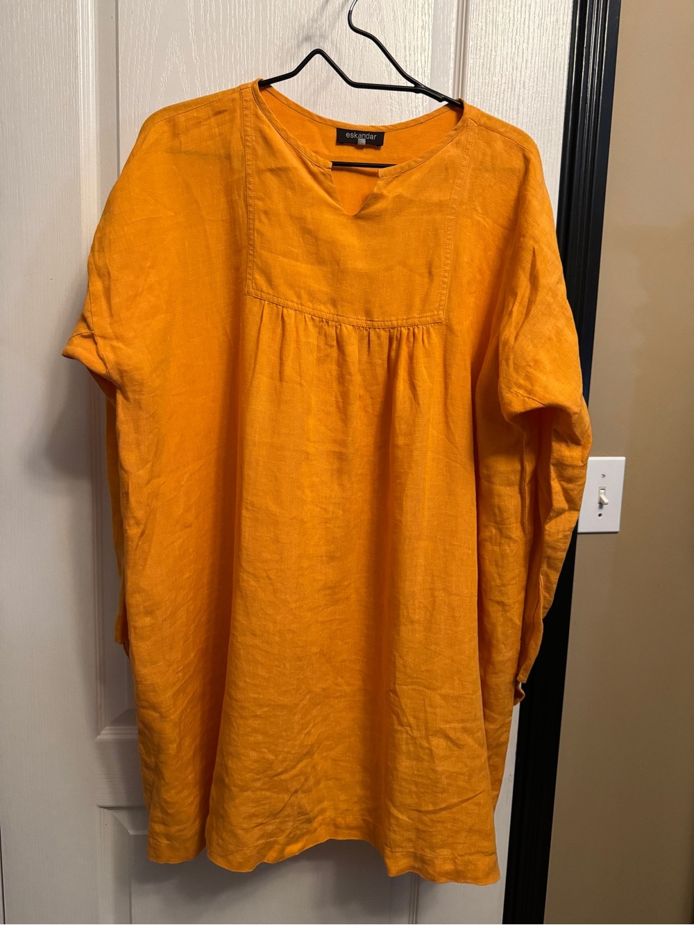 eskandar Long Sleeve Bright Orange Linen Notch-Neck Tunic